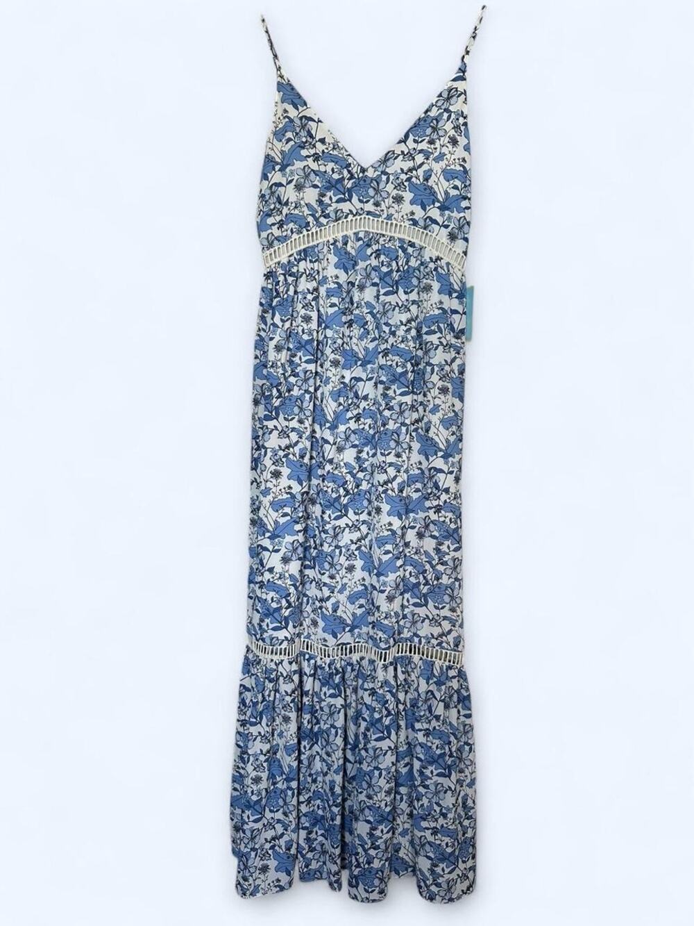 NWT CeCe Blue White Floral Spaghetti Strap Maxi Dress Sz 00 Tiered Crochet